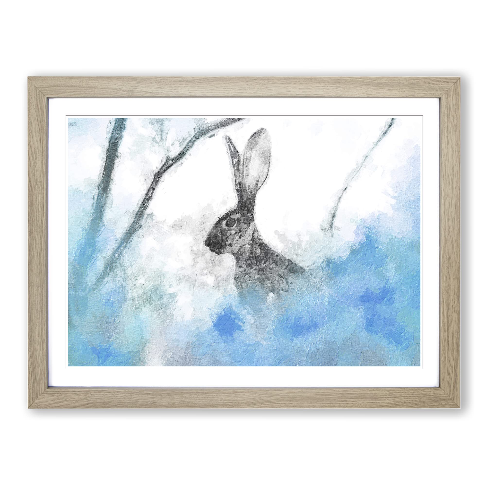 The Alert Hare In Blue Modern Art Framed Wall Art Print, Ready to Hang Picture for Living Room Bedroom Home Office Décor, Oak A4 (34 x 25 cm)