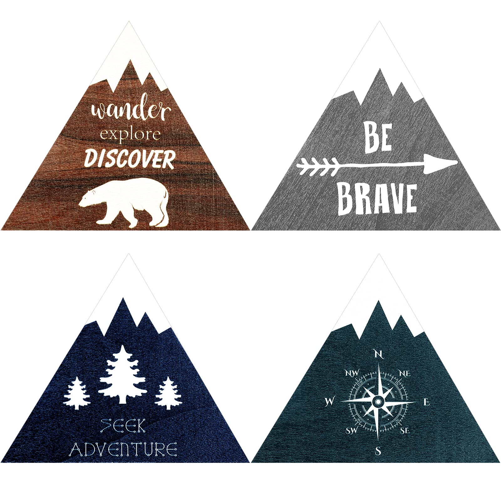Photo 1 of 4 Pieces Inspirational Wooden Nursery Wall Sign - Rustic Mountain Nature Forest Woodland Adventure Motivational Hanging Decor with Hook for Baby Bedroom (Classic Colors)