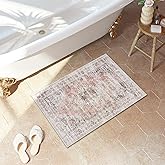 Uphome Boho Bathroom Rugs, Distressed Farmhouse Blush Pink Bath Mat, Comfy Velvet Small Bath Rugs Non Slip Washable, Vintage Oriental Toilet Rug for Sink Shower Vanity, 18x26 inch