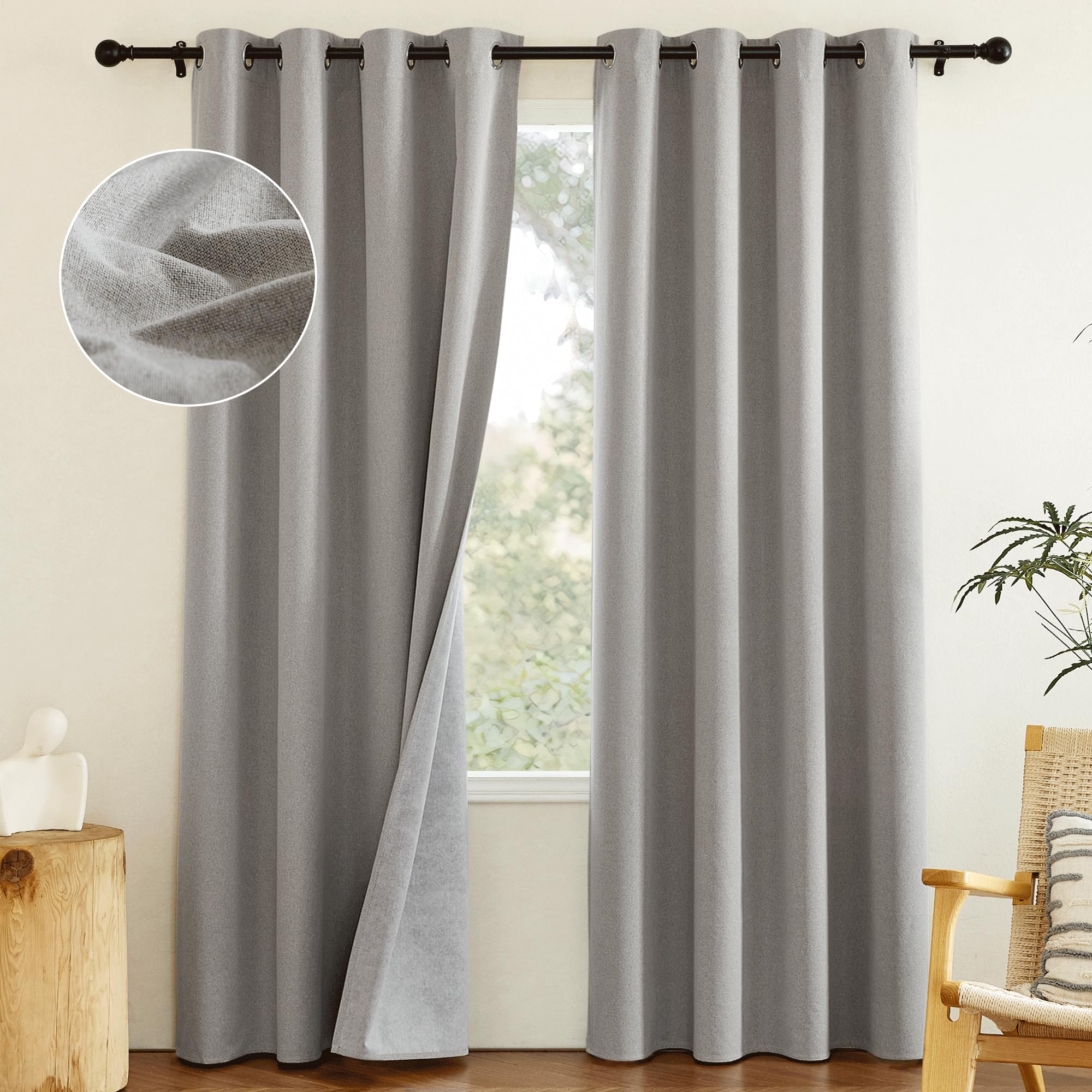 NICETOWN 100% Absolutely Blackout Faux Linen Curtains with Thermal Insulated White Liner, 52″ Wide, 2 Panels, 84″ Long Drapes, Retro Light Grey Faux Linen Curtains Vertical Drapes Privacy for Bedroom