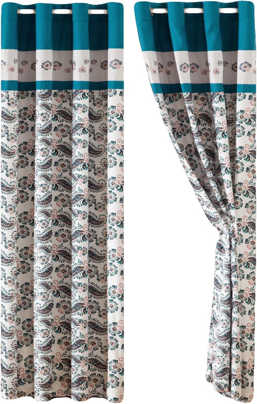 HGS 4-Pc Dally Floral Paisley Embroidery Curtain Set Teal Blue Gray Ivory Valance Drape Sheer Liner Metal Grommet