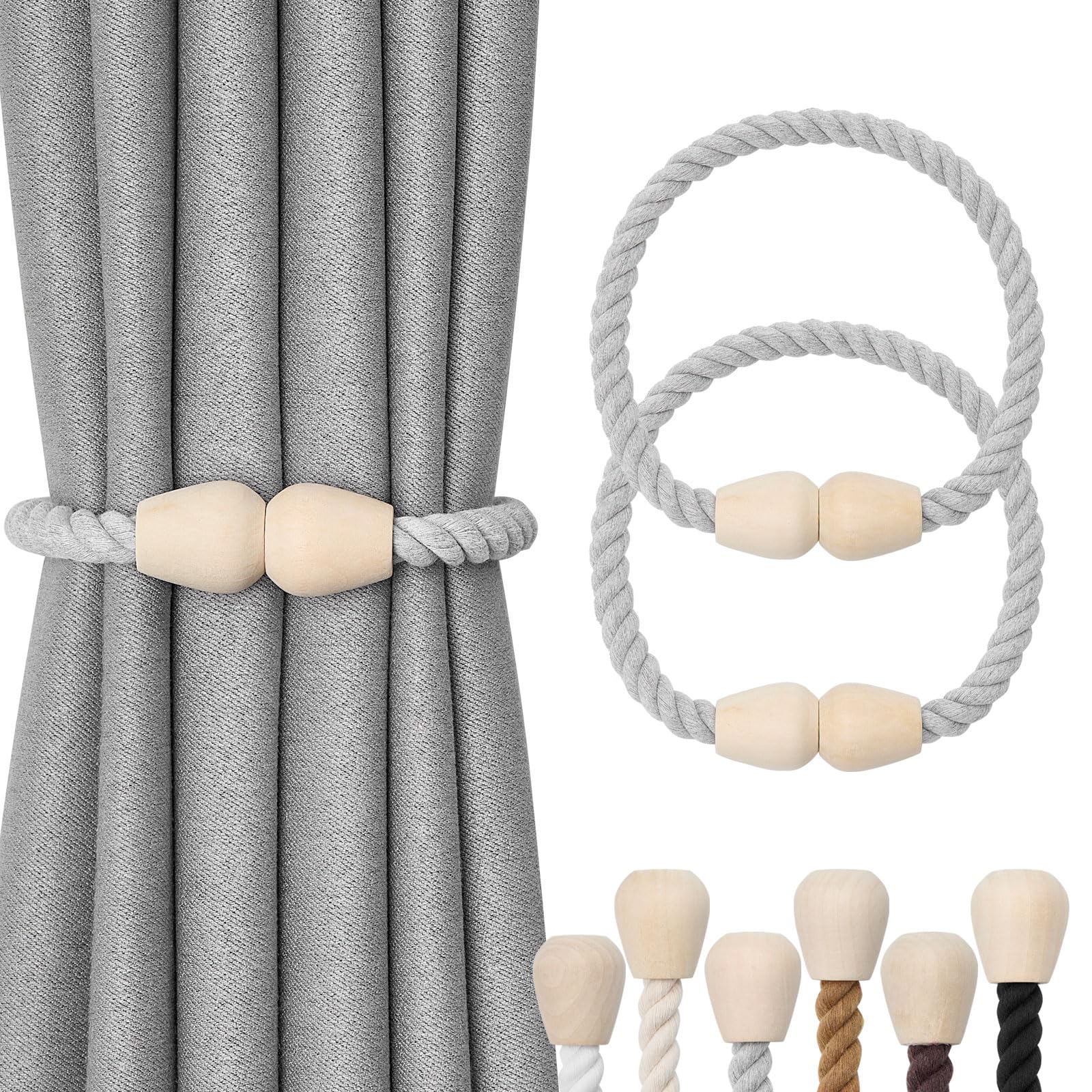 Pretty Jolly 2 Pack Wooden Magnetic Curtain Tiebacks Elegant Boho Home Decoration Drape Tie Backs Natural Cotton Handmade Rope Curtain Holdbacks for Home & Office Window Drapery (Light Grey)