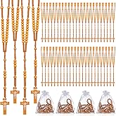 ZHLISHQINJJ 48 Pcs Wooden Rosary Beads Necklace, Catholic Rosary with Jesus Cross First Communion Rosary Bulk Wooden Rosary Beads with Organza Bags Catholic Gift Baptism Favors for Women Men (Light Brown)