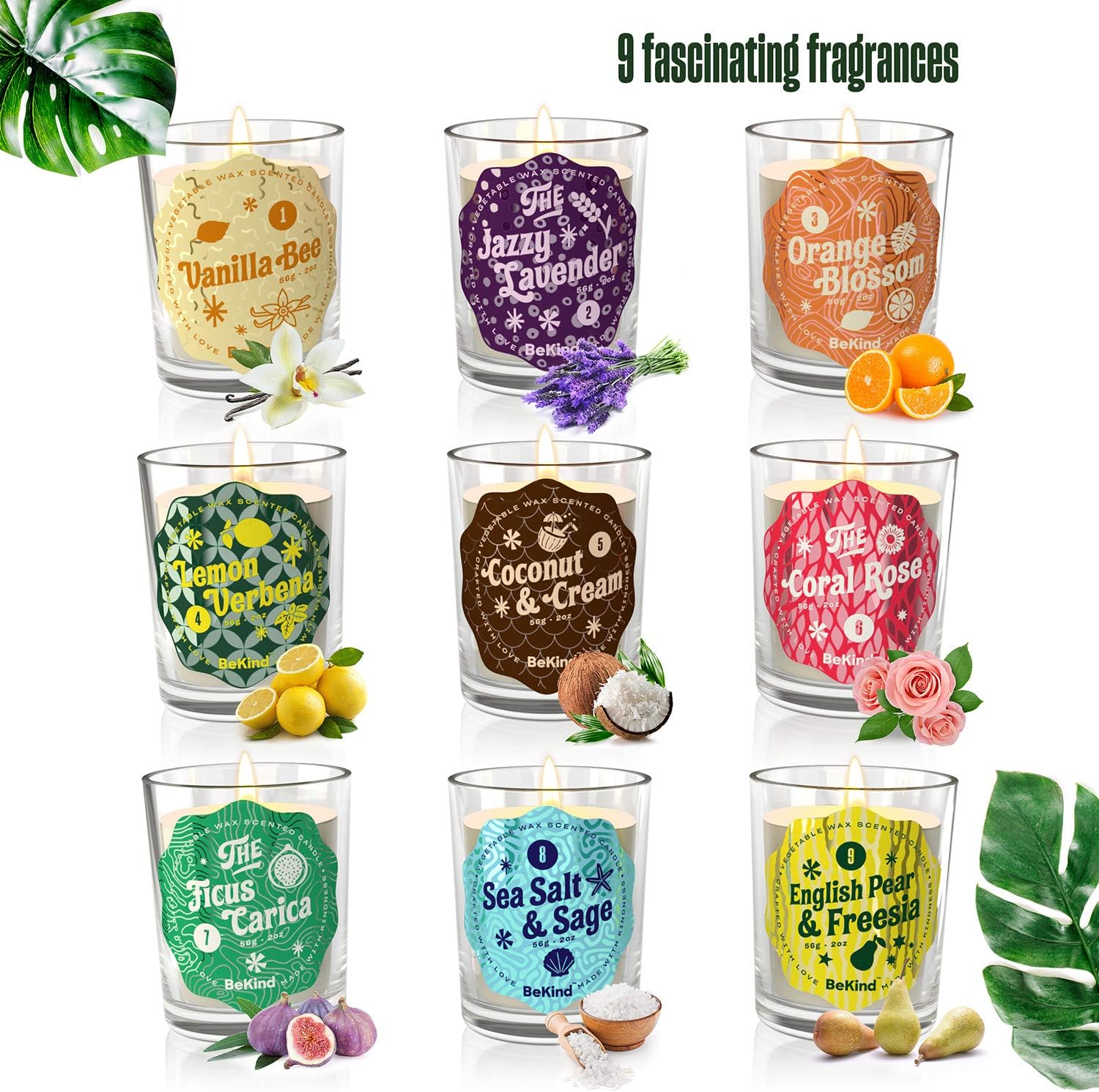 BeKind Sunshine Scented Candles Set for Home – Perfect Home Décor, Birthday Gifts for Women, Stress Relief, Natural Soy Candle Wax and Air freshener Fragrance, Aromatherapy Candle - 9 Pack: Home Improvement