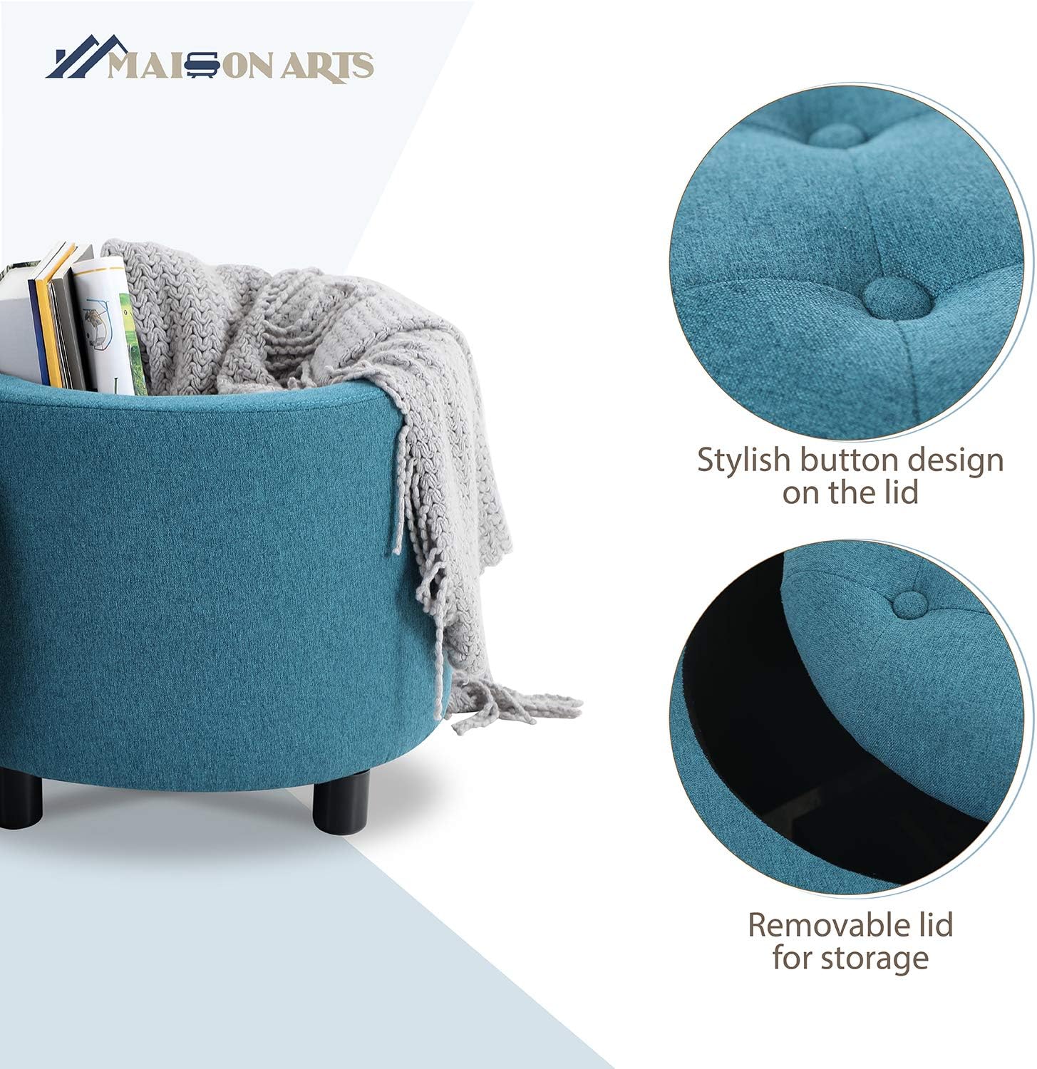 MAISON ARTS Round Storage Ottoman Foot Stool Vanity Stool Tufted Pouf Ottoman Side Table for Living Room Bedroom Seat Dressing Chair Footrest, 4 Legs, Blue: Kitchen & Dining