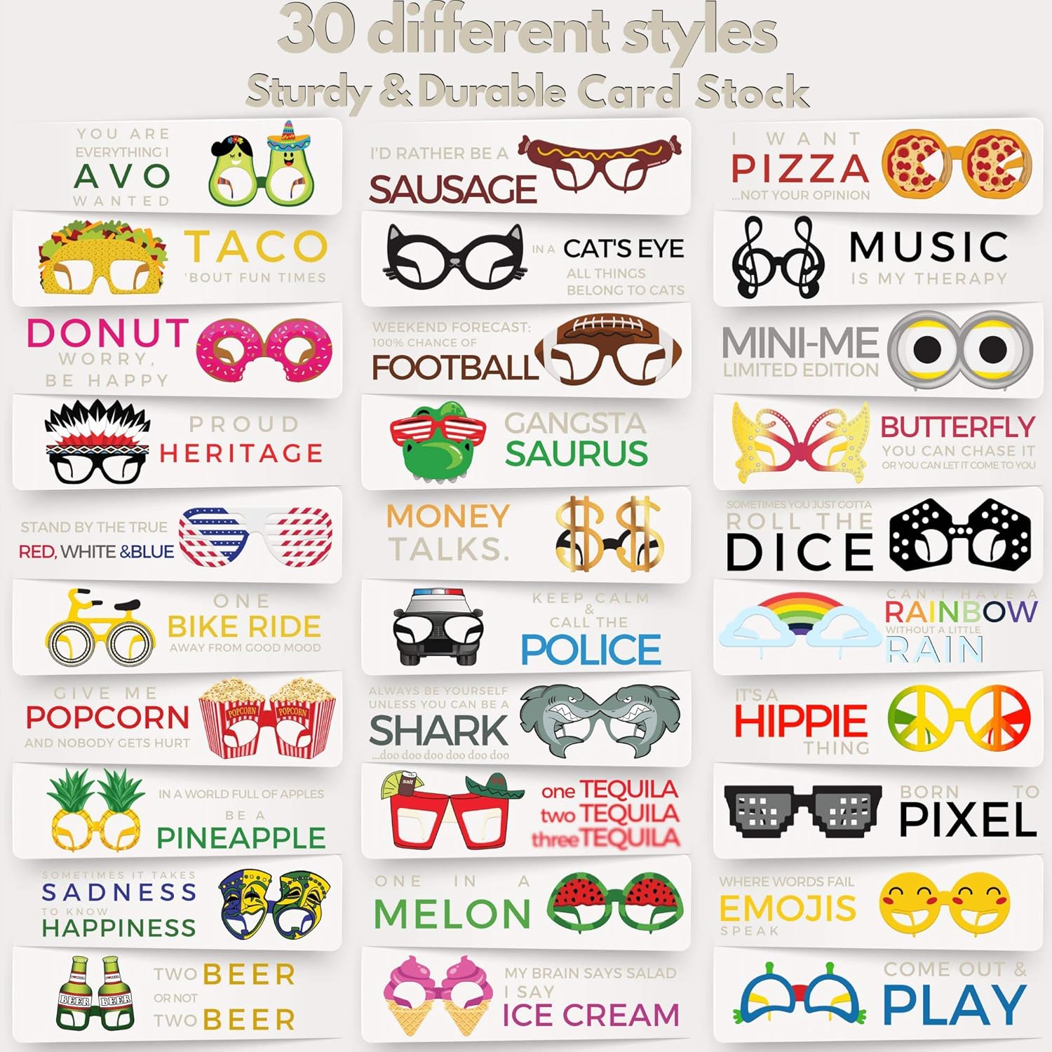 Funny Cardstock Photo Booth Props Glasses - 30 Pack Party Glasses for Adults and Kids - Fun Novelty Party Favors Accessories for Birthdays, Luau and Summer Fiesta: Kitchen & Dining