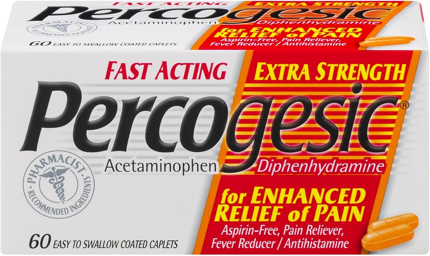 Percogesic Extra Strength, Acetaminophen and Diphenhydramine, 60 Tablets: Health & Personal Care