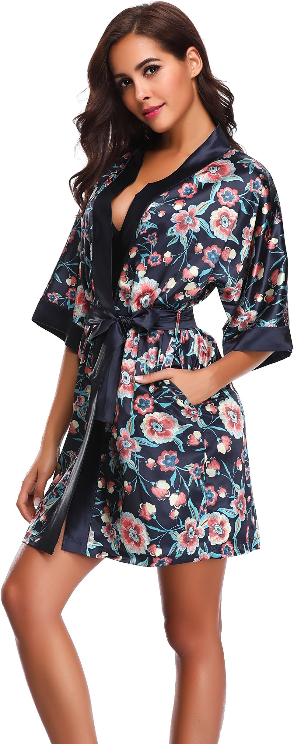 Sunnyhu Women's Floral Satin Kimono Robe(M, Floral-3)