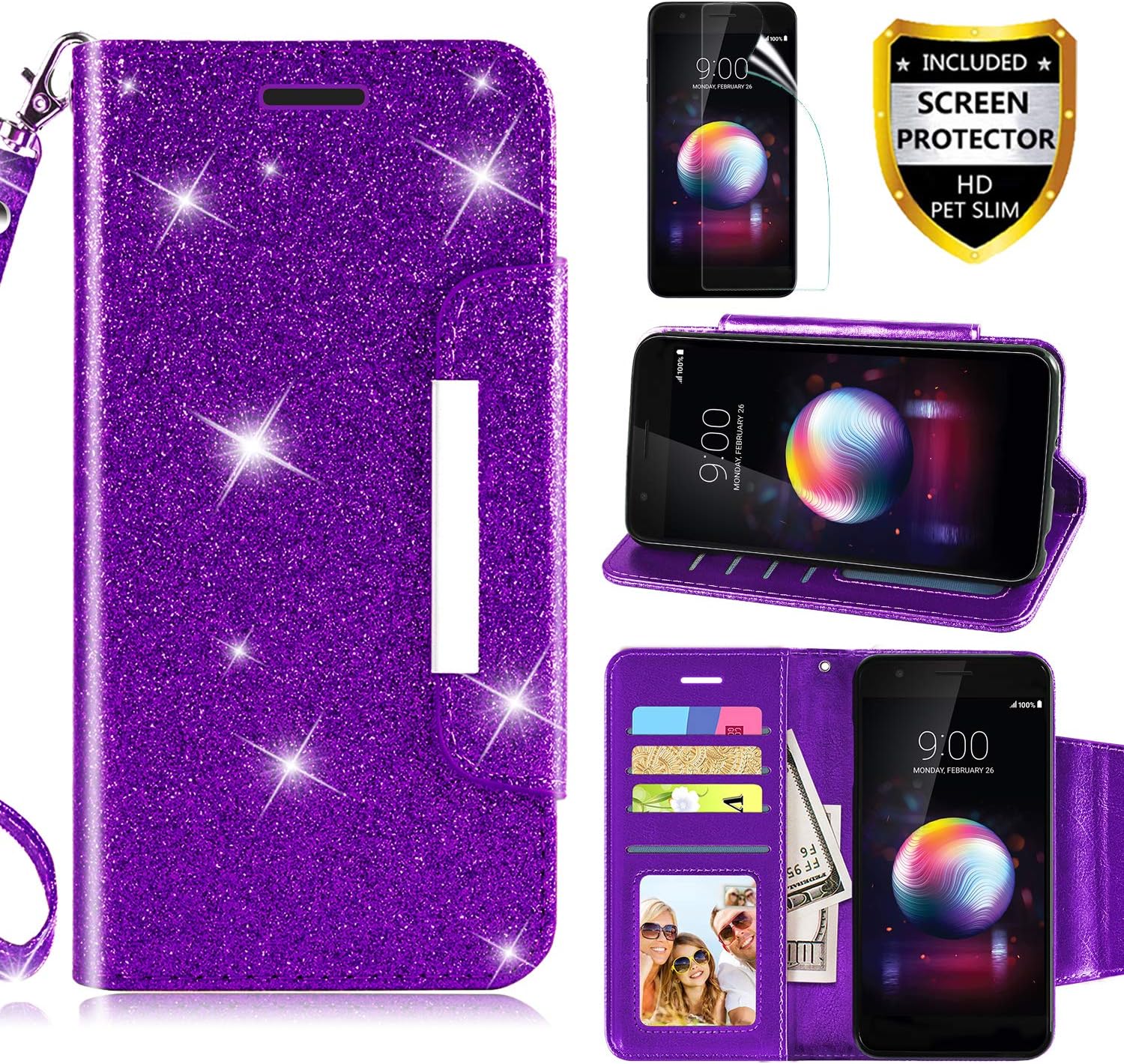 LG K30 Case, LG Harmony 2/K10 2018/LG Phoenix Plus +/LG Premier Pro LTE Phone Case Wallet with Screen Protector Leather Magnetic Glitter with Kickstand Credit Card Holder Slot for Women (Purple)