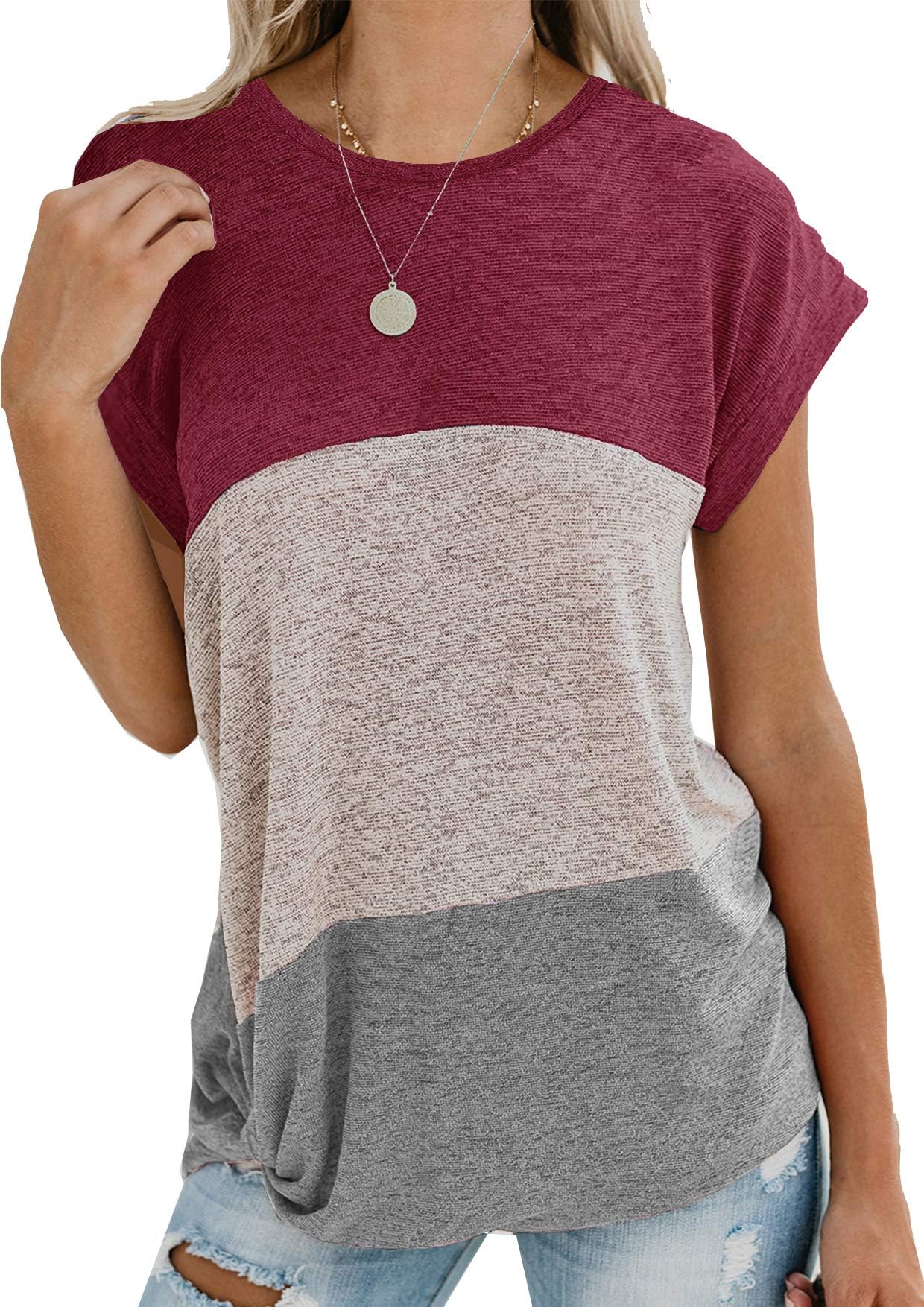 Women Striped T Shirt Short Sleeve Round Neck Color Block Splice Tops