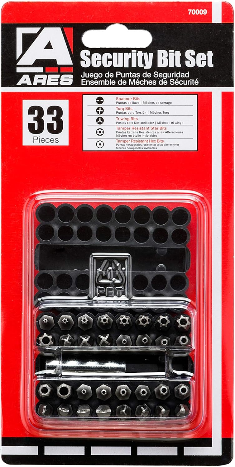 ARES 70009-33-Piece Security Bit Set with Magnetic Extension Bit Holder - Includes Tamper Resistant, SAE Hex, Metric Hex and Star Bits - Torq, Spanner, and Triwing Complete the Anti Tamper Bit Set - - 