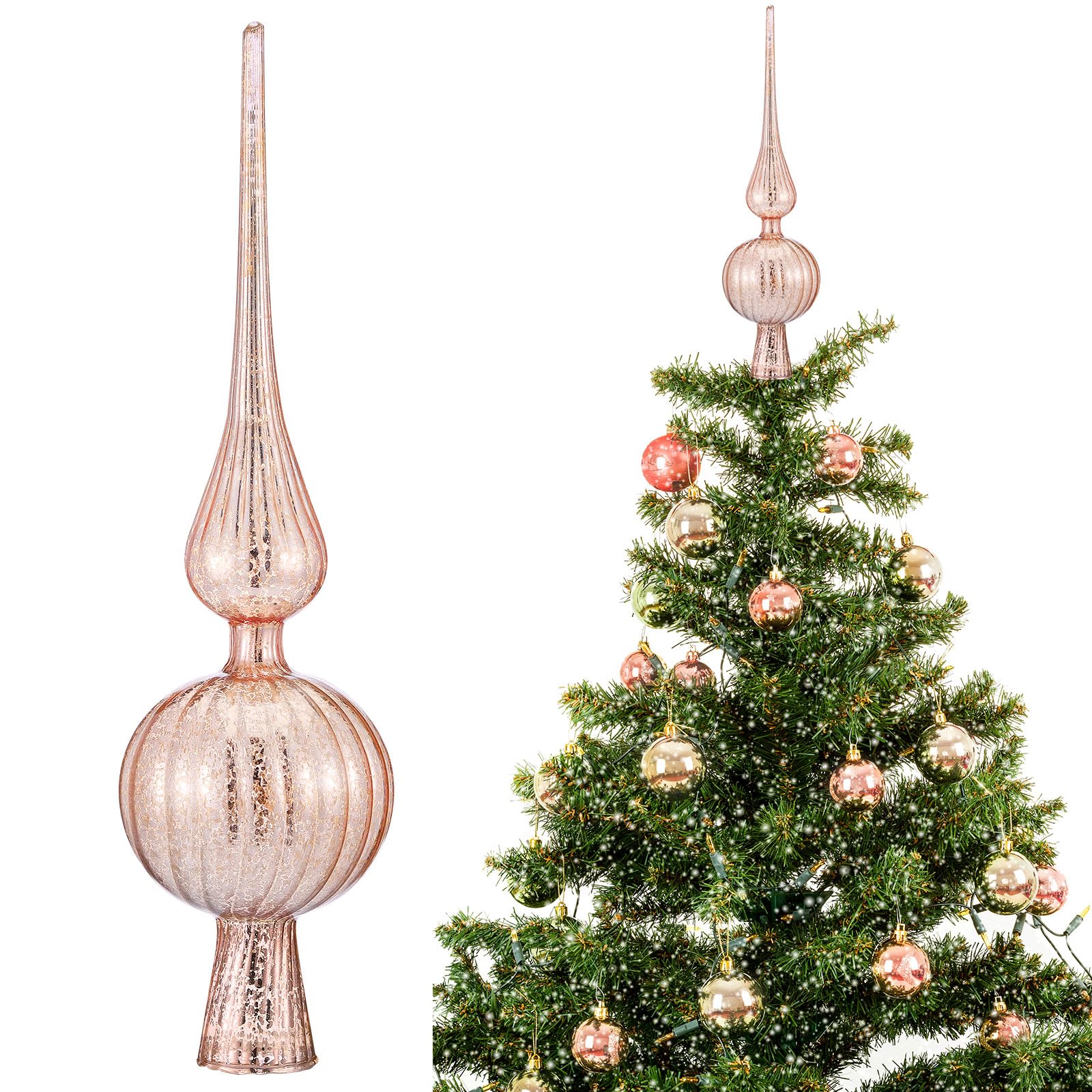 Photo 1 of Gejoy Mercury Glass Finial Christmas Tree Topper 12 Inches Vintage Spherical Xmas Tree Topper Mid Century Christmas Ornament for Home Xmas Holiday Party Decorations(Champagne Gold)