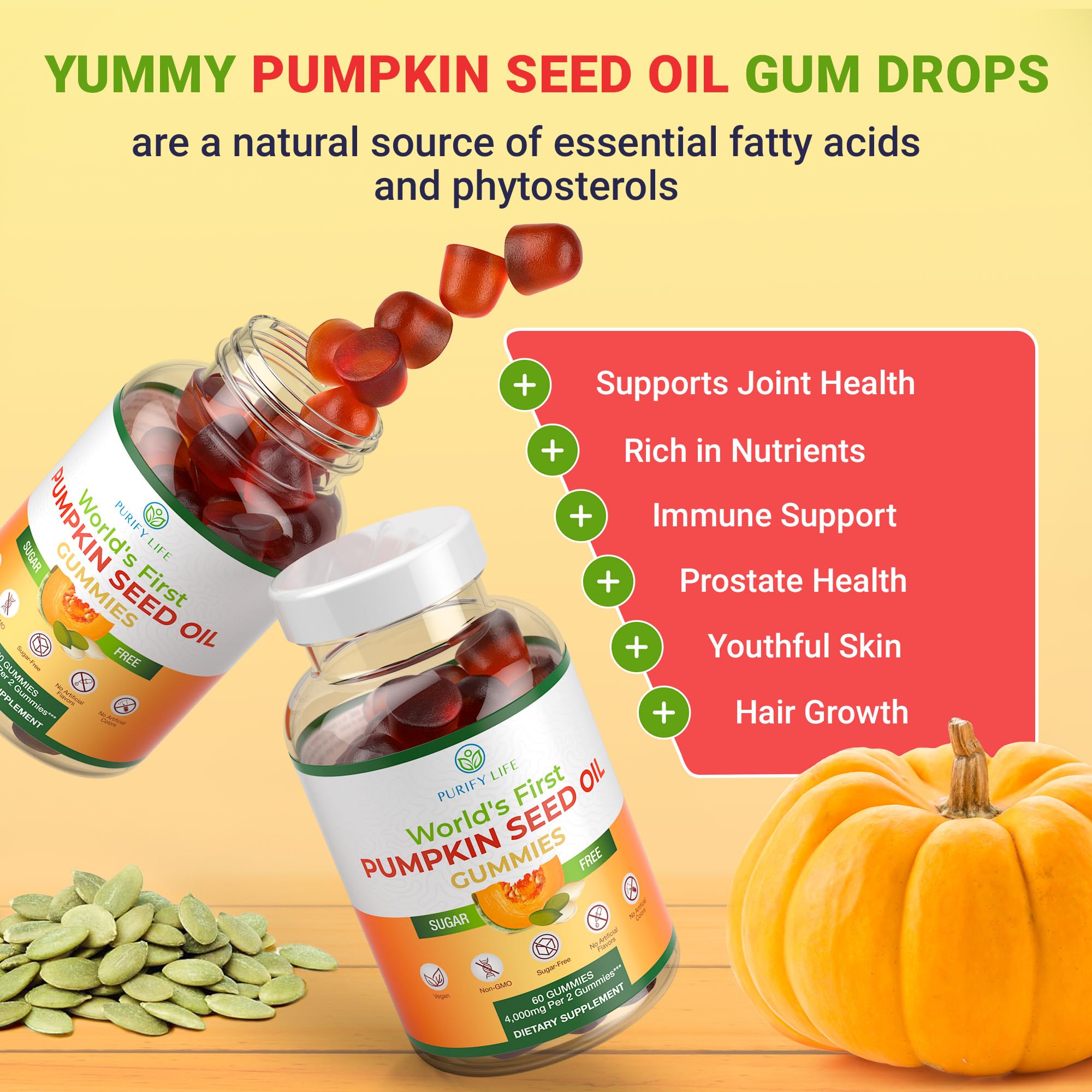 Sugar-Free Pumpkin Seed Oil Gummies (4,000mg/serving) Pumpkin Seed Oil for Hair Growth, Youthful Skin, Prostate Health, Immune & Urinary Tract Support-Natural Source of Essential Fatty Acids-60 Chews