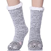 LANLEO Fuzzy Slipper Socks For Women with Grippers Winter Warm Thick Plush Fleece Lining Non Slip Animal Home Socks