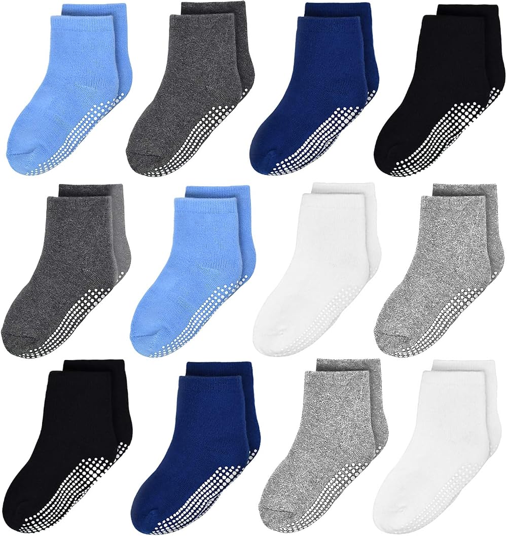 N/Q Toddler Non Slip Socks 12 Pairs Anti Skid Crew 1-10 Years Boys Girls