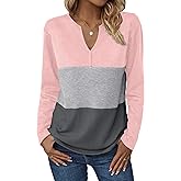 Zeagoo Women's Waffle Shirts V Neck Long Sleeve Tops Color Block T-Shirts Casual Pullover Tunics 2025 Fashion Basic Tees