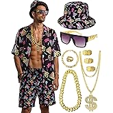 WILDPARTY 80s 90s Outfit for Men, Hip Hop Costume Button Up Blouse Tops Disco Retro Theme Party Outfit Hawaiian Vintage