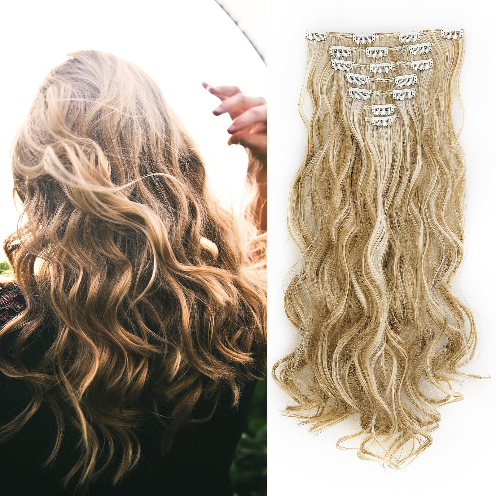 Gairyan 20" Long Curly Clip in Hair Extensions Blonde Hair Extension Wavy Highlight 7PCS Full Head Set Synthetic Hair piece for Women (Dark Blonde & Bleach Blonde) โ image 1
