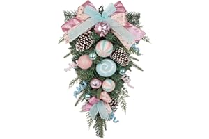 Hollyone Pink Christmas Swag 29" Candy Cane Wreath with Bow Christmas Swags for Decorating Outdoor Indoor Teardrop Swag for Front Door Window Swags with Pine Cone Xmas Ball Ornament Home Hanging Decor