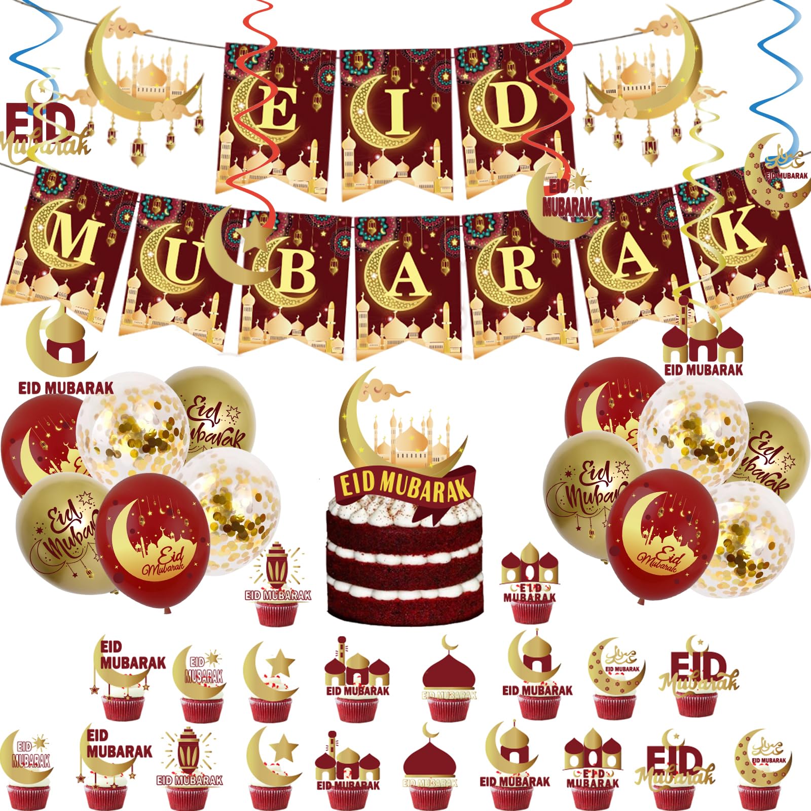 44pcs Eid Mubarak Decorations Set for Home,Red Gold Eid Mubarak Banner Bunting Party Latex Balloon Cake Toppers Hanging Spiral for Ramadan Mubarak Decorations,Ramadan Kareem Party Decoration Supplies