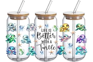 DTHOME3 UV DTF Glass Cup Wrap Transfer - UVDTF Life is Better with Turtle, Decal for 16oz Glass Cups, DIY Crafts Gifts for Woman -3PCS