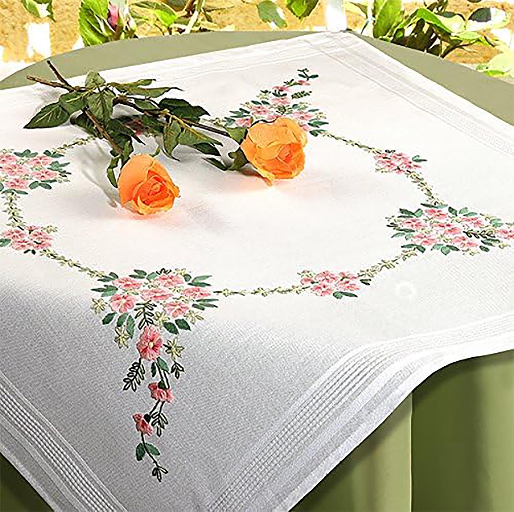 Kamaca Embroidery Kit Flowers Symphony Stretch Stitch Stem Stitch Flat Stitch Outlined 100% Cotton Table Topper 80 x 80 cm for DIY Embroidery