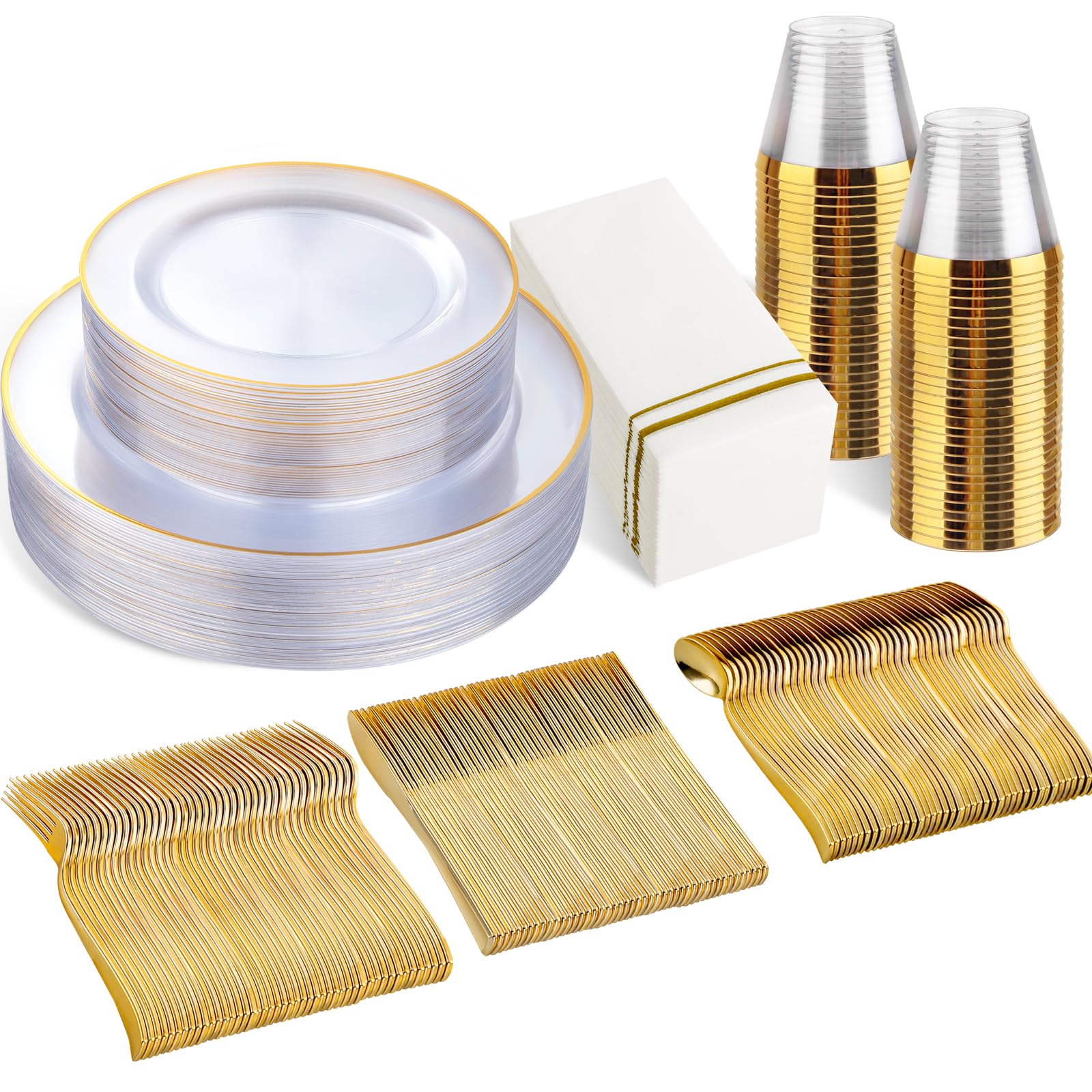 Photo 1 of **MISSING PARTS/check clerk comments**
SUT 175 PCS Clear and Gold Plastic Plates, Plates Disposable Heavy Duty for 25 Guests, Disposable Plates for Party and Wedding, Party plates and Cups and Napkins Sets, Plastic plates Disposable