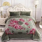 MERRY HOME Korean Mink Blanket King Size, 2 Ply 10 Pounds Plush Fleece Bed Blanket - Soft, A&B Printed Thick Heavy Warm Blanket for Winter (Grey Green Floral, King(85"x 93"))