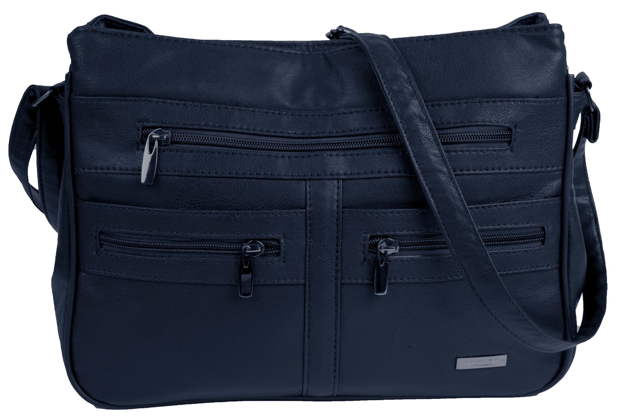 Large Faux Leather Handbag/Shoulder Bag with 7 Zip Compartments & Double Zip Top (Navy Blue)