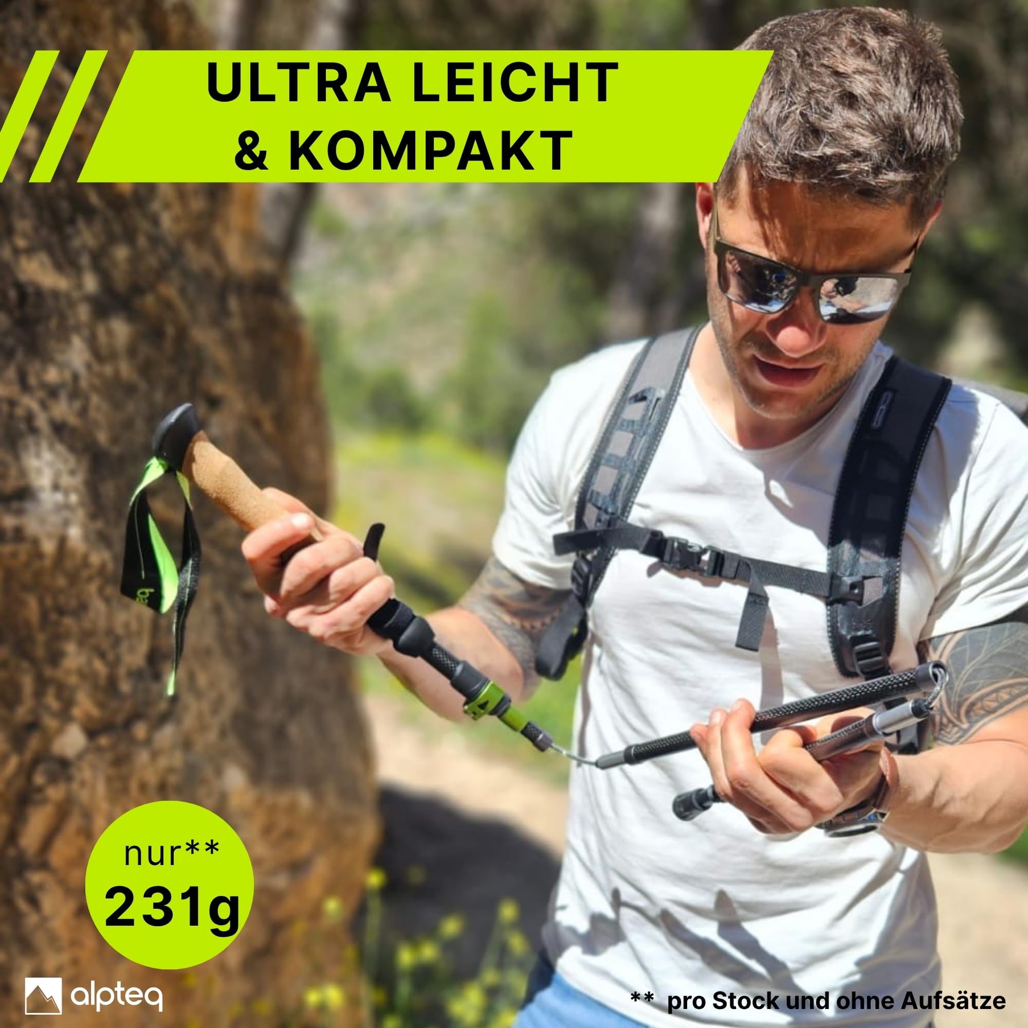 Alpteq® Wanderstöcke faltbar Carbon mit Korkgriff | Bergsport Trekkingstöcke | Nordic Walking Stöcke Damen & Herren | extra leicht und Teleskop variabel (Carbon 115-135 cm | Lime Green) 2