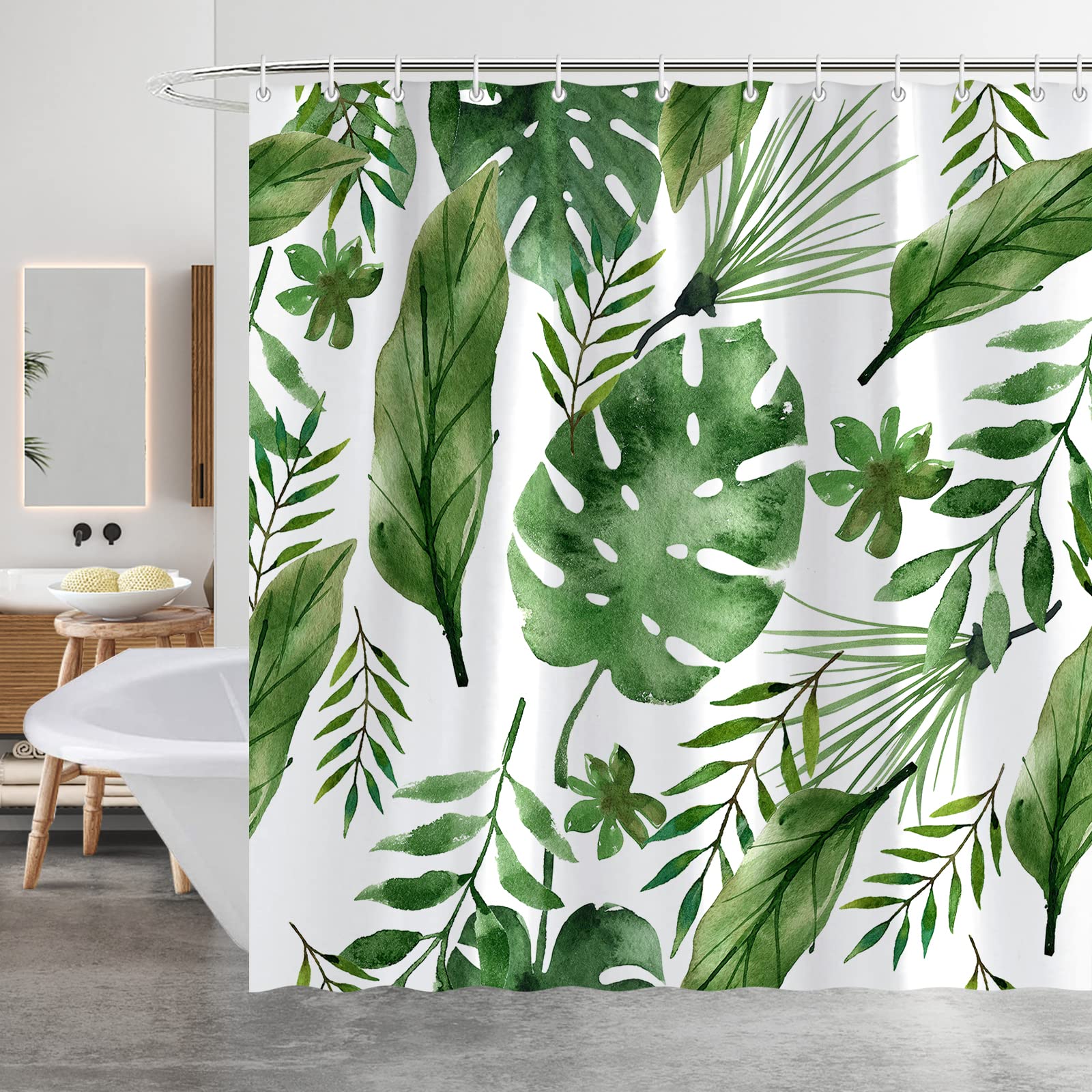 Minicoco Shower Curtain Mould Proof Mildew Resistant Bathroom Shower Curtains Waterproof Shower Curtain 100% Polyester Green Shower Curtains with 12 Hooks, 180 x 180 cm (Tropical Rain Forest) — image 1