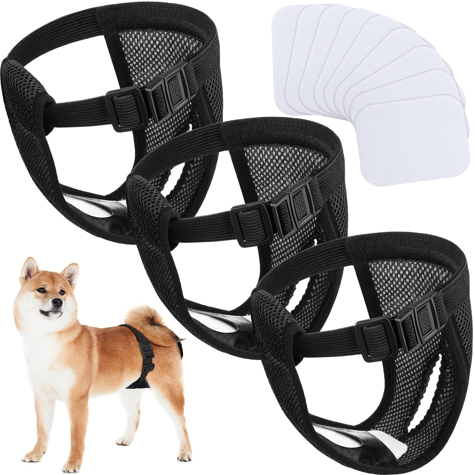 3 Pack Dog Season Pants Dog Nappies with 9 Sanitary Pad Washable Protective Trousers for Female puppy in Heat Monthly Bleeding Washable Protective Pants, Black(Large)