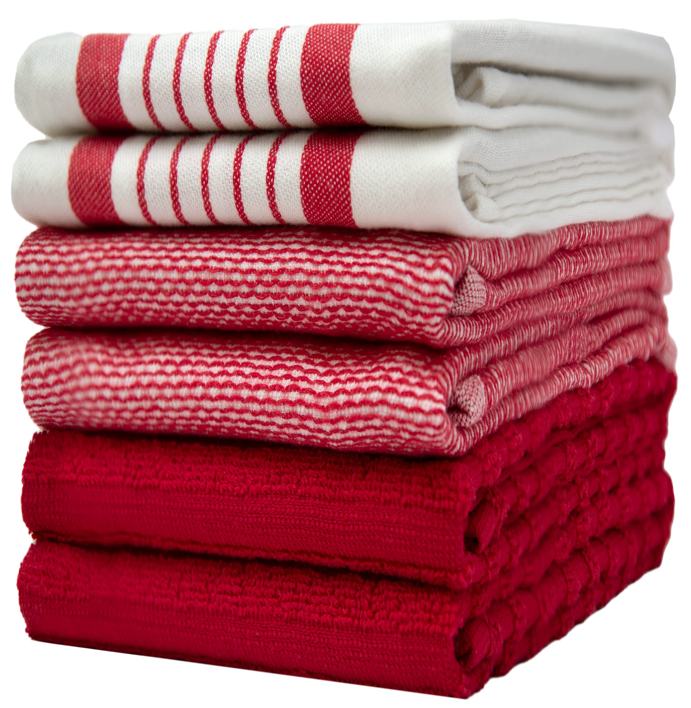 6 Pack Large Tea Towel Set | Absorbent Kitchen Hand Towels | Soft Cotton Dish Towels | Horizontal Ribbed Flat & Terry Towel with Hanging Loop | Vibrant Dyed - Red (50 x 70cm)