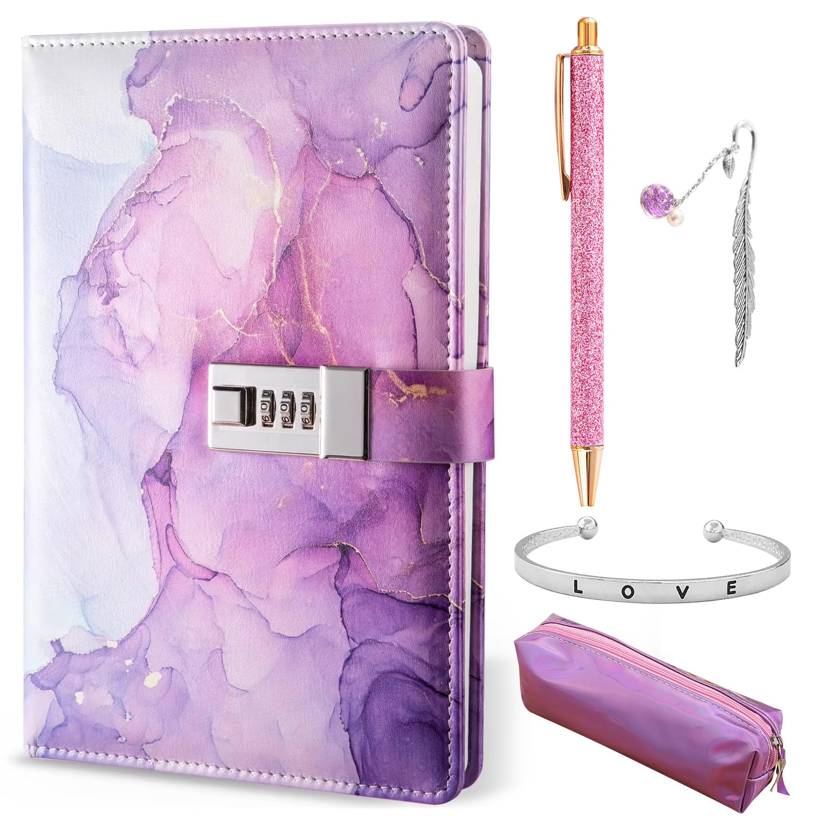 Tearmier Diary with Lock for Girls, A5 Secret Diary for Girls Teenager Age 6-14, Birthday Gifts for Girls 7 8 9 10 11 12 13 Year Old, Leather Password Locked Journals with Pen Pencil Case (Purple)