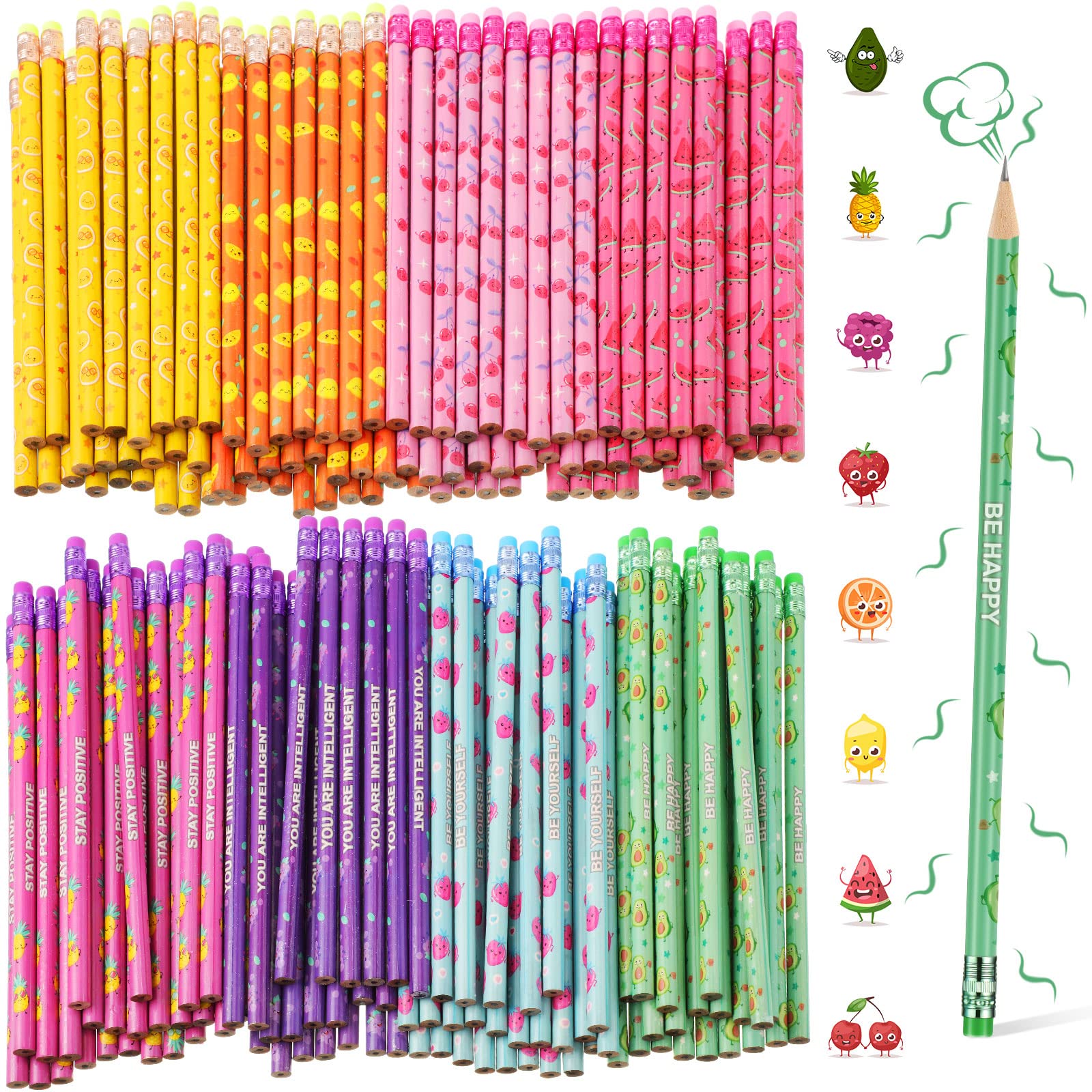 Photo 1 of Leinuosen 100Pcs Scented Pencils Bulk for Kids Inspirational Cute Fun Wood Smelly Pencils with Erasers Fruit Elements for School Classroom Office Students