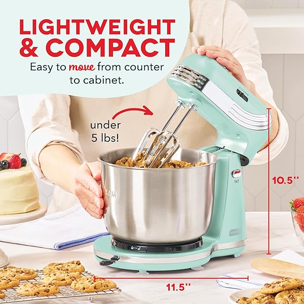 DASH EVERYDAY STAND MIXER – COMPACT TILT-HEAD STAND MIXER FOR EVERYDAY RECIPES – 6-SPEED POWER WITH STAINLESS STEEL BOWL – AQUA, 3-QUART