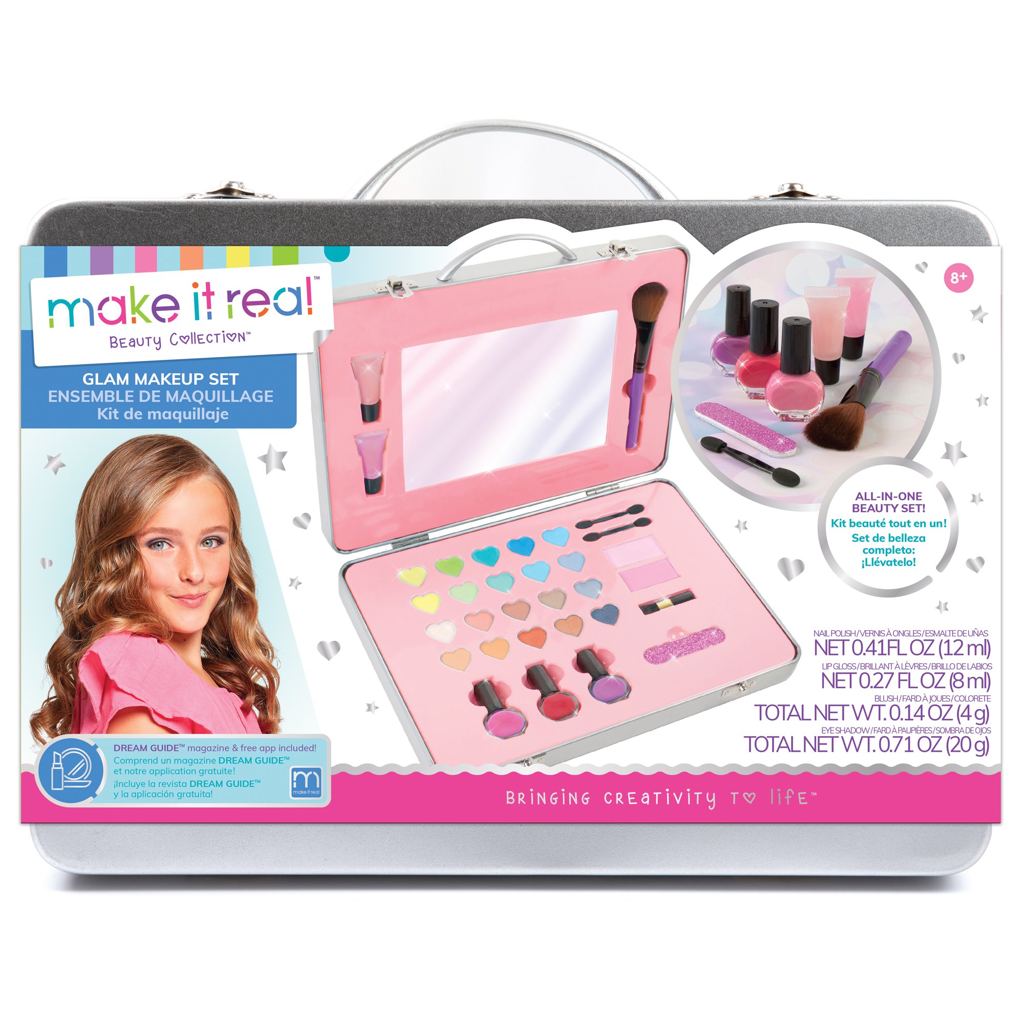 Make It Real - All-in-One Glam Makeup Set. Girls Makeup Kit is a Perfect Starter Cosmetic Set for Kids and Tweens. Includes Case, Mirror, Eye Shadow, Blush, Brushes, Lip Gloss, Nail Polish and More