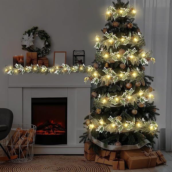 CEENNA 8 PACK 6 FT PRELIT CHRISTMAS GARLAND WITH GLOBE LIGHTS BATTERY OPERATED WITH TIMER REMOTE ARTIFICIAL LIGHTED HOLLY LEAVES GARLAND WITH PINE CONES BERRIES FOR MANTLE INDOOR OUTDOOR (WHITE)