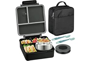 ITSLIFE Bento Lunch Box for Kids with 8oz Soup Thermo&Lunch Bag, Leak-Proof Lunch Food Containers with 4 Compartment, Hot Food Insulated Food Jar for Kids School (Black)