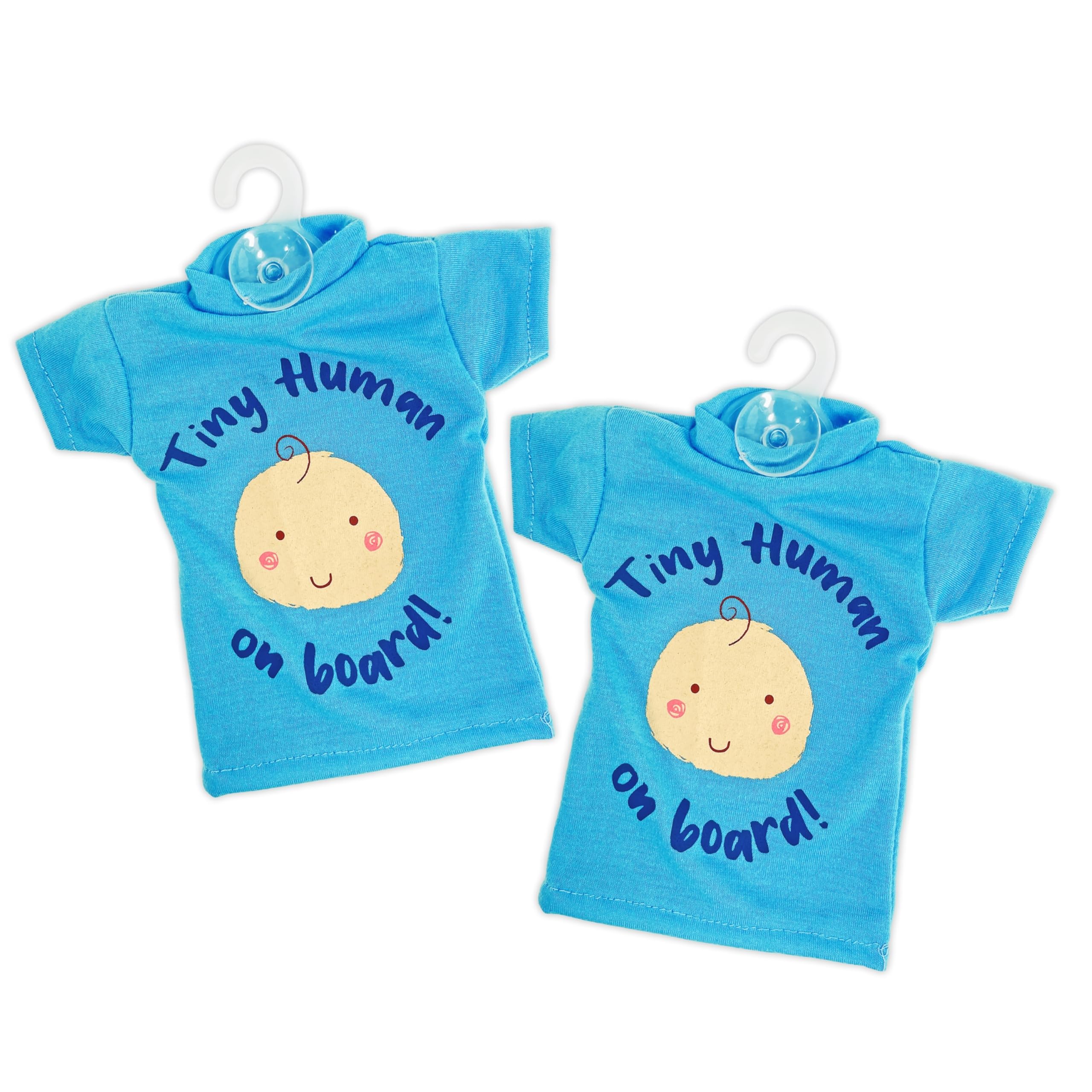 Tek Automotive Tiny Human Baby On Board Car Sign – Cute Blue T Shirt Shaped Window Sign with Suction Cups, Twin Pack