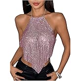 MakeMeChic Women's Metallic Sparkly Halter Top Hollow Out Open Back Y2K Party Crop Tops