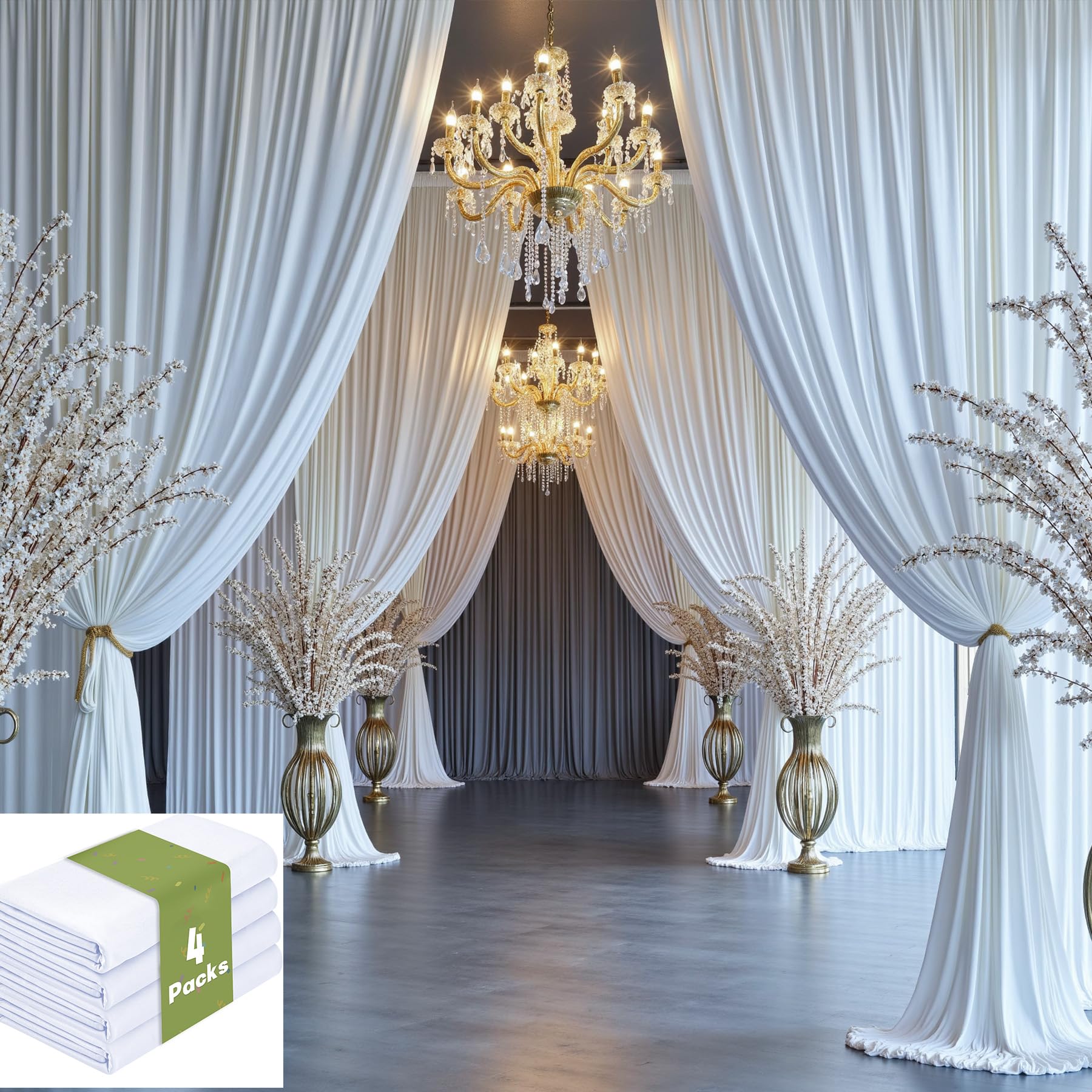 Photo 1 of 20ft×15ft White Backdrop Curtain for Parties, Wrinkle Free Polyester 4 Panels 5x15ft Photo Backdrop Drapes Extra Long Back Drop Cloth for Wedding Birthday Baby Shower Photography Background