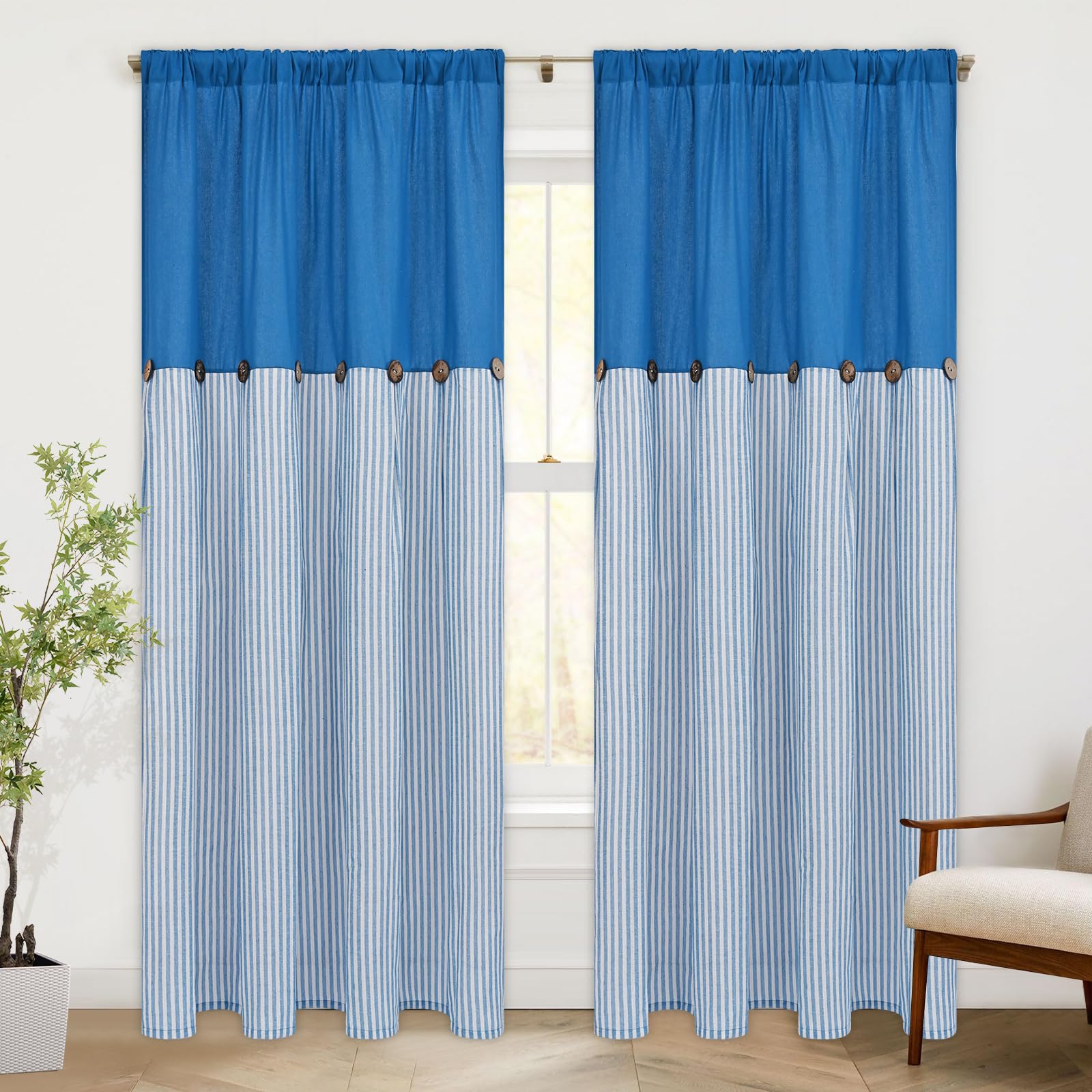 ASPMIZ Cotton Linen Curtains for Living Room, Rod Pocket & Back Tab Boho Curtains for Bedroom, Country Farmhouse Striped Curtain with Rustic Buttons, Home Decor, Lake Blue, 52 x 84 Inch, 2 Panels Image