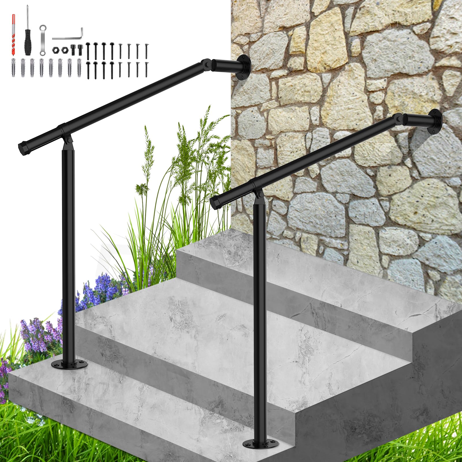 Photo 1 of 2 Pack Hand Rails for Outdoor Steps,Metal Deck Railing Kit Fits 1 to 3 Steps,Railings for Outdoor Steps for Concrete,Brick,Porch Railing