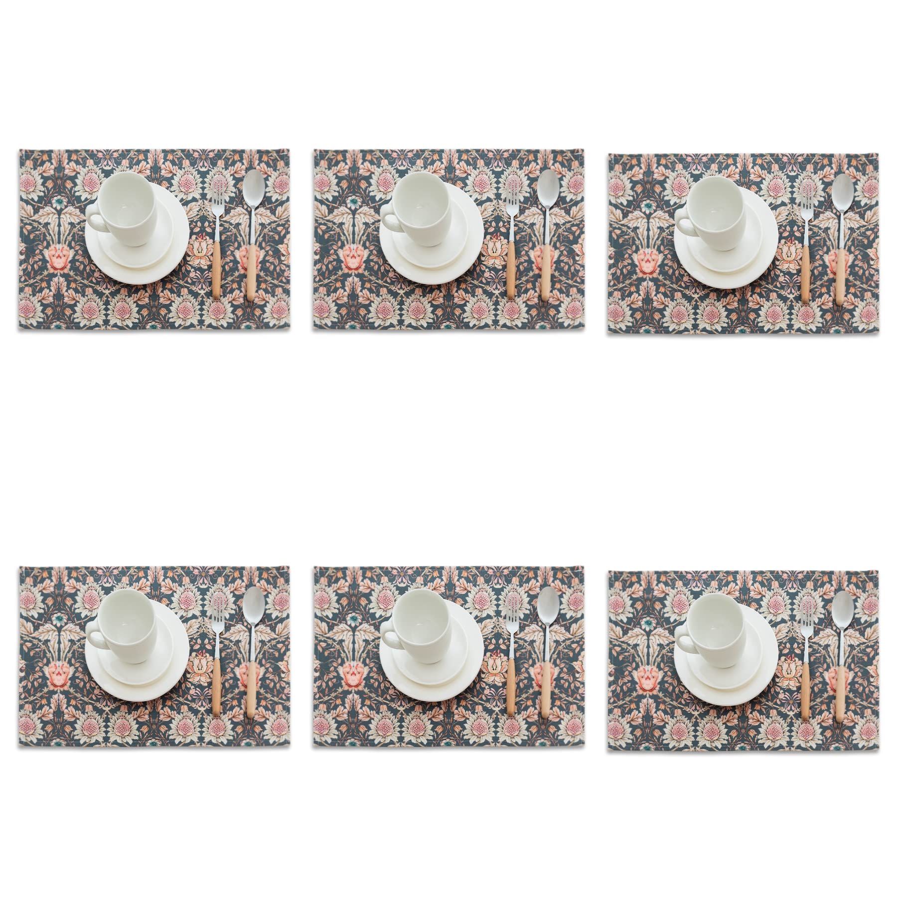 Obal William Morris Placemats Set of 6, Non-Slip Heat Stain Resistant Place Mats Washable Dining Table Mats for Dinner Sets Home Kitchen (Teal Honeysuckle, 45x30cm)