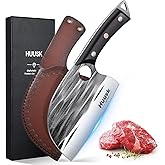 Huusk Upgraded Serbian Chef Knife - Forged Butcher Knife with Sheath, Japanese Meat Cleaver for Meat Cutting Heavy Duty Chopping Knives for Outdoor Cooking, Camping, Gifts for Men and Women