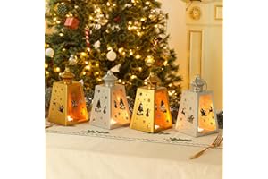 DECORKEY Christmas Lanterns Decorations Outdoor&Indoor, 4PCS Decorative Candle Holder Set with Christmas Tree, Snowman, Reindeer, Santa Claus Openwork Patterns, Hanging&Tabletop Decor (No Glass)
