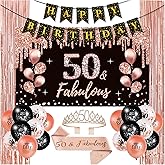 28pcs 50th Birthday Decorations for Women,Black Rose Gold 50th Birthday Decorations Include Banner Balloons Backdrop Sash and Crown,50th Birthday party decor