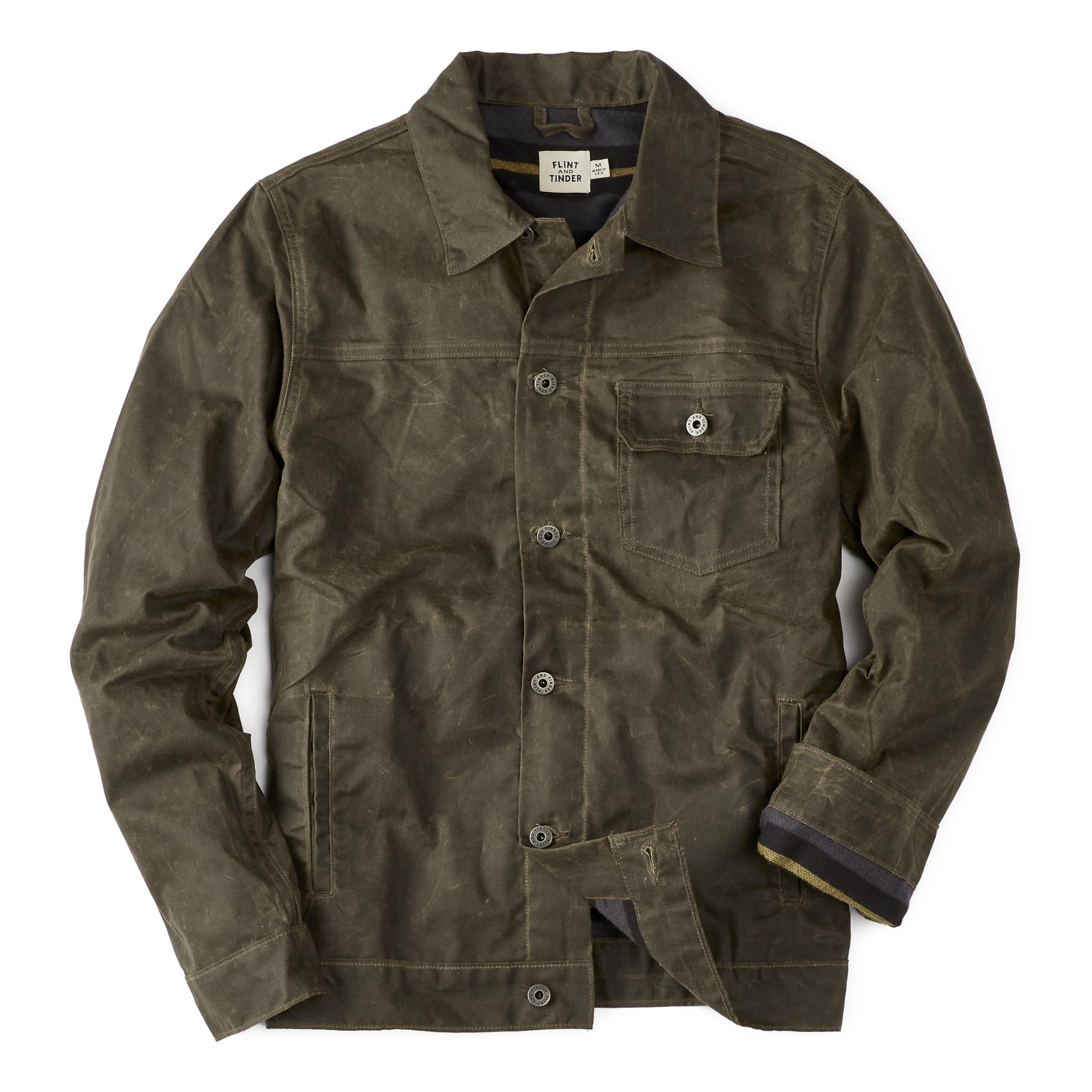Photo 1 of Huckberry Flint and Tinder Men's Flannel-Lined Waxed Trucker Jacket, Water & Weather Resistant Mens Jacket, Forest, X-Large, Tall Fit