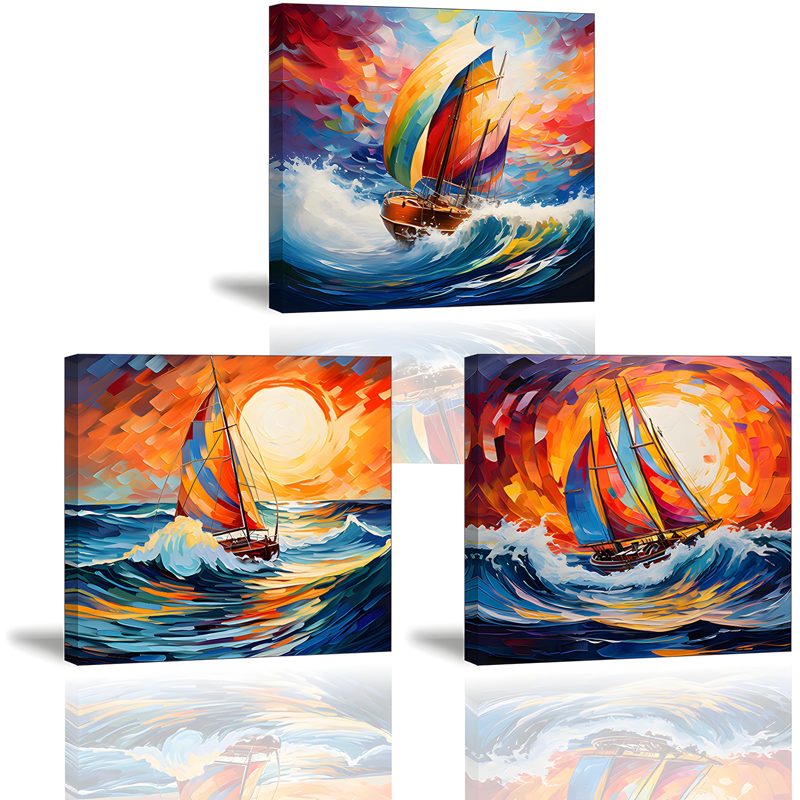 Piy Painting Canvas Wall Art Painting, Sailboat Canvas Prints Oil Painting, Landscape Picture Print, Prints and Posters for Living room Kitchen Yoga room, Pack of 3, 12x12inch Built-in Frame